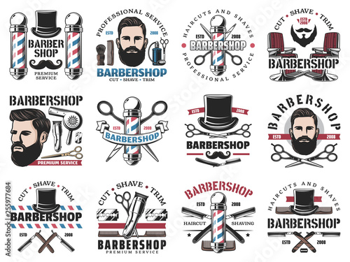 Barbershop icons, beard shaving and haircut salon