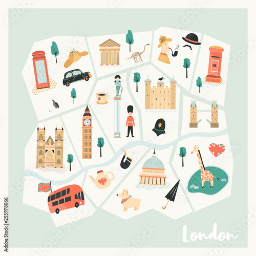 Illustrated map of London with landmarks, symbols