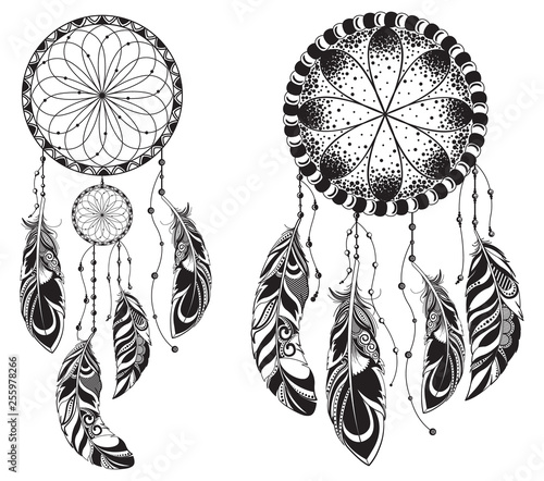 set of vector symbol DreamCatcher with feathers.Ethnic Mandala ornament with feathers. Vintage decorative elements. Oriental pattern, Islam, Arabic, Indian motifs