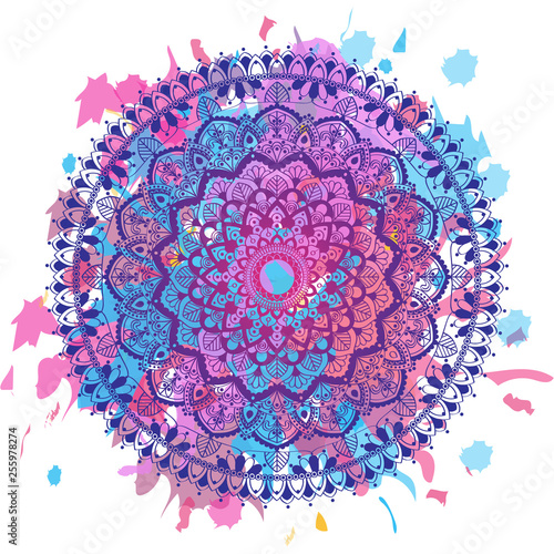 Ethnic mandala  over colorful watercolor ornament. Vintage decorative elements. Oriental pattern, Islam, Arabic, Indian motifs.  Hand drawn abstract background. 