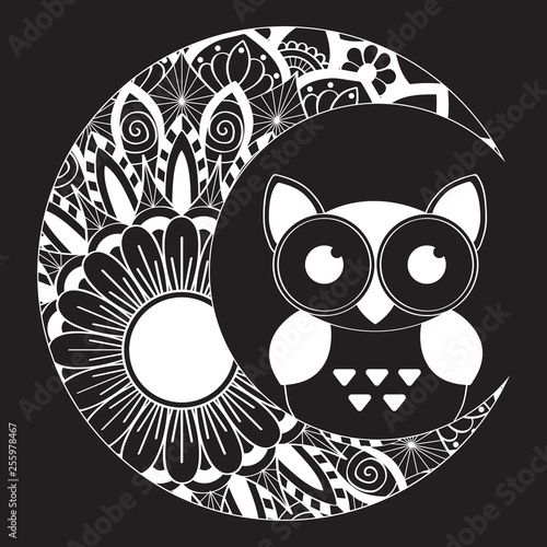 An owl sitting on the moon with mandala ornament. illustration isolated on background. illustration silhouette cartoon cute and funny owl  sitting with large eyes. Vintage mandala element. Hand drawn