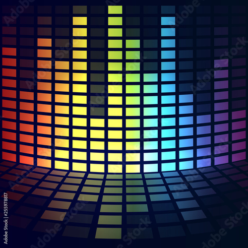 Abstract image of musical equalizer.Rainbow equalizer on black background. Abstract equalizer. Sound Wave. Audio equalizer technology. Detailed vector bokeh.