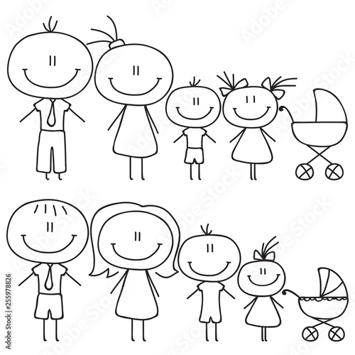 Set of happy cartoon doodle figure family, stick man. Stickman Illustration Featuring a Mother and Father and Kids. Vector Illustration, set of family in stick figures. Hand Drawn.