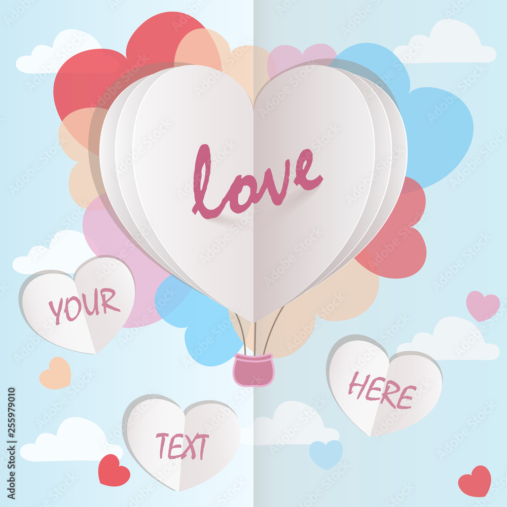 Love Invitation card. Balloon heart on abstract background with text love,paper cut heart.Illustration of love and valentine day.Origami made air balloon with heart float on the sky.Paper art style.