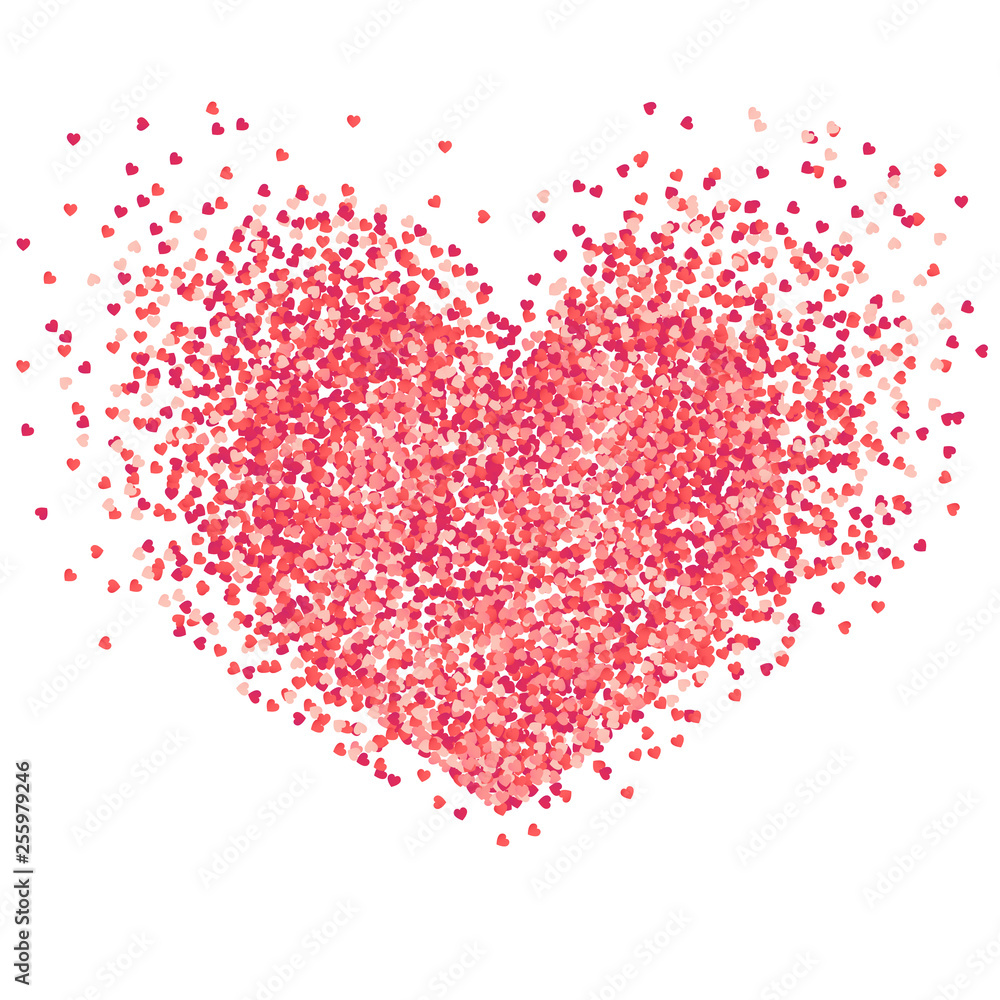 Vector confetti splash in the shape of a heart. Valentines Day background congratulation card. Heart shape of a lot of small hearts on a white background.
