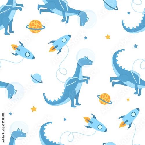 Dinosaur astronaut in space is a cartoon character. Rocket. Seamless pattern for nursery  textile  kids apparel.