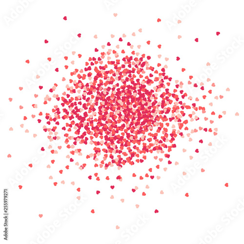 Vector confetti heart splash. Valentines Day background congratulation card. Heart shape pink and red confetti vector frame isolated on white background.