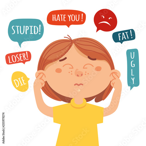 Social and cyber bullying concept. Vector illustration about hate messages, body shaming, fat shaming, racism at school. 