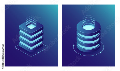 Isometric Database and Data Center, Server room rack, Cloud computing and File cloud storage. Two web icon.
