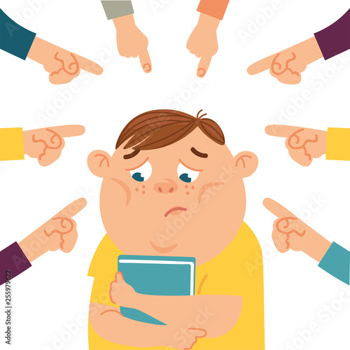 Social bullying concept. Vector illustration about online or public trolling, fat and body shaming, racism at school. 