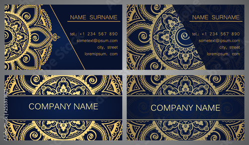 Set of business cards with mandala ornament. Vintage decorative elements. Ornamental floral business cards, oriental pattern, vector illustration. Islam, Arabic, Indian, turkish, pakistan  motifs