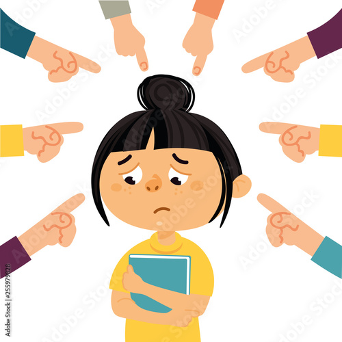 Social bullying concept. Vector illustration about online or public trolling, fat and body shaming, racism at school. 