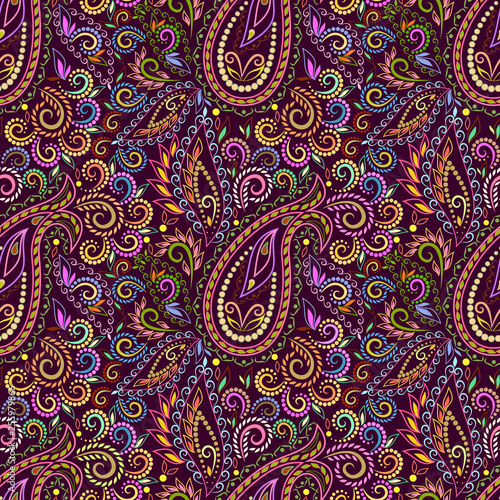 Seamless colorful pattern with paisley. Traditional bright ethnic ornament. Vector print. Use for wallpaper, pattern fills,textile design.