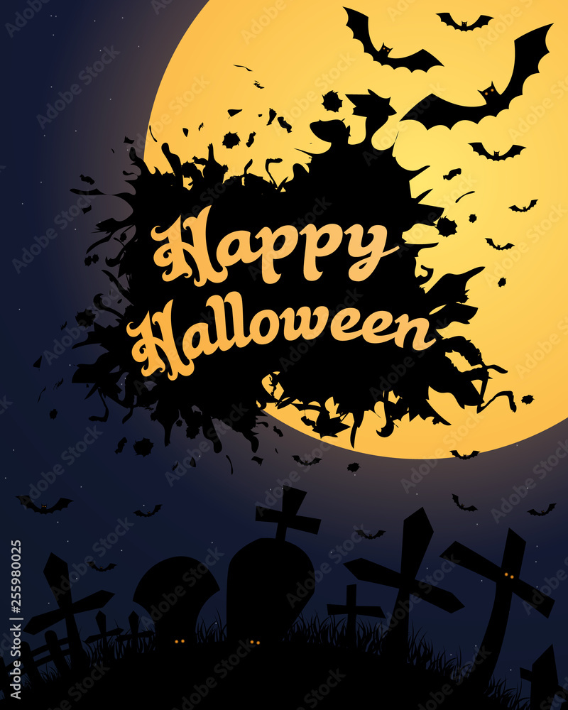 Halloween poster. Invitation for party. Mix of Various Spooky Creatures, Moon. Halloween night vector illustration. Halloween background with scary graveyard. Halloween background