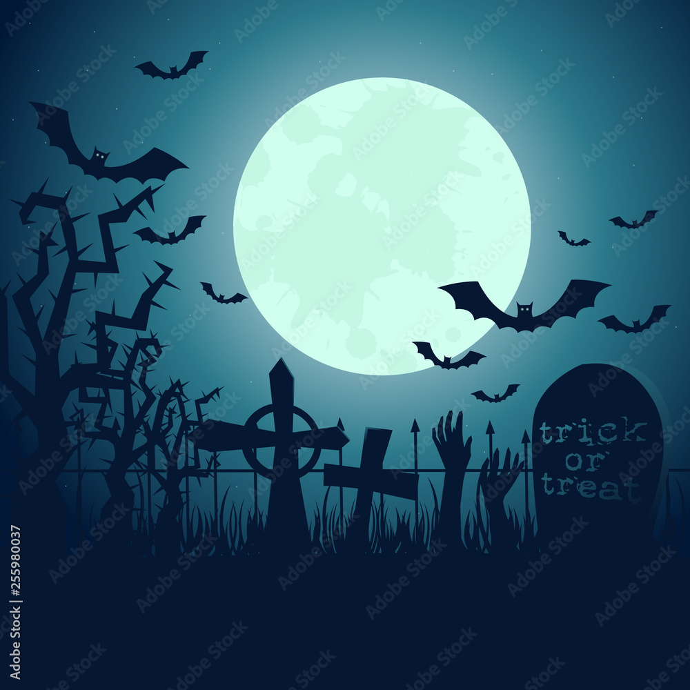 Halloween poster. Invitation for party. Mix of Various Spooky Creatures, Moon. Halloween night vector illustration. Halloween background with scary graveyard. Halloween background