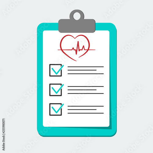 Clip board with hospital documents. Medical insurance forms. Doctor paperwork. Illustration in flat style.