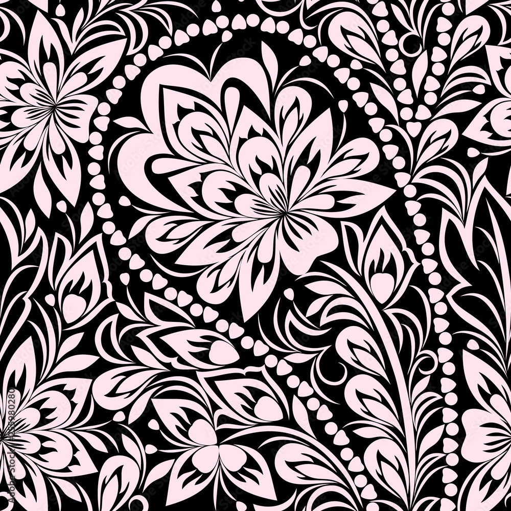 Seamless black and white pattern with paisley and flowers. Traditional ethnic ornament, vector background. Seamless black and white pattern with paisley and flowers. Traditional ethnic ornament, vector background.