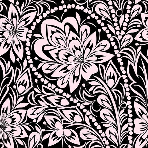 Seamless black and white pattern with paisley and flowers. Traditional ethnic ornament, vector background.