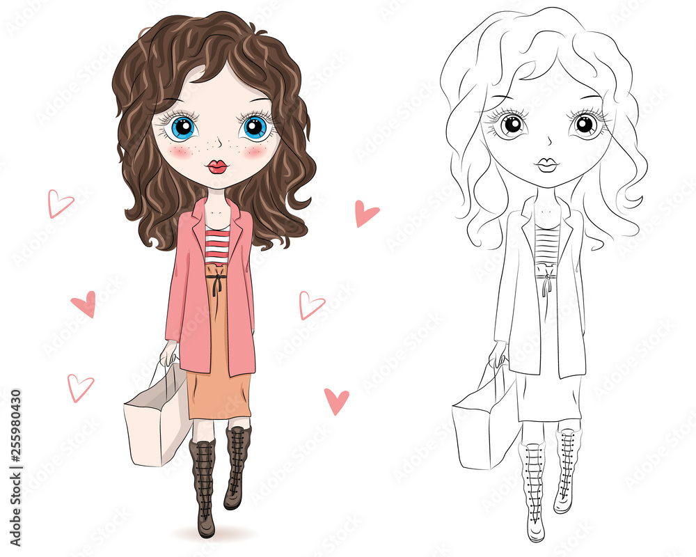 Set of hand drawn beautiful cute fashion girls on white background. Cartoon fashionable girls. Cartoon character. Coloring book pages for kids. Outline for coloring page cartoon vector Set of hand drawn beautiful cute fashion girls on white background. Cartoon fashionable girls. Cartoon character. Coloring book pages for kids. Outline for coloring page cartoon vector