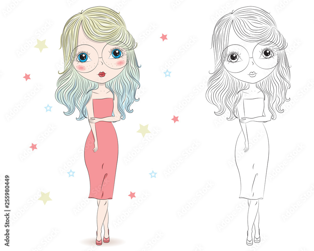 Set of hand drawn beautiful cute fashion girls on white background. Cartoon fashionable girls. Cartoon character. Coloring book pages for kids. Outline for coloring page cartoon vector Set of hand drawn beautiful cute fashion girls on white background. Cartoon fashionable girls. Cartoon character. Coloring book pages for kids. Outline for coloring page cartoon vector