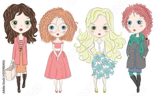 Set of hand drawn beautiful cute fashion girls on white background. Cartoon fashionable girls. Cartoon character. Vector illustration.