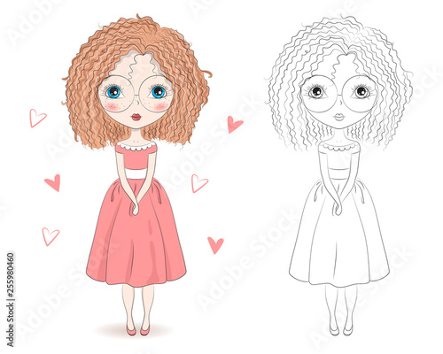 Set of hand drawn beautiful cute fashion girls on white background. Cartoon fashionable girls. Cartoon character. Coloring book pages for kids. Outline for coloring page cartoon vector