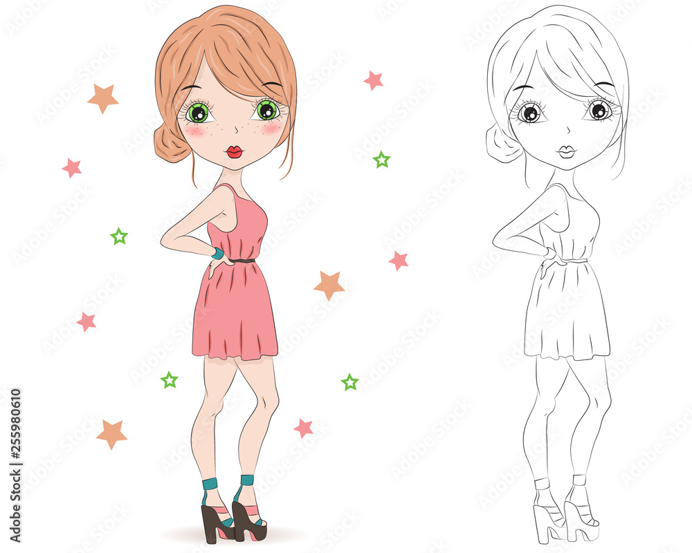 Set of hand drawn beautiful cute fashion girls on white background. Cartoon  fashionable girls. Cartoon character. Coloring book pages for kids. Outline  for coloring page cartoon vector Stock Vector | Adobe Stock