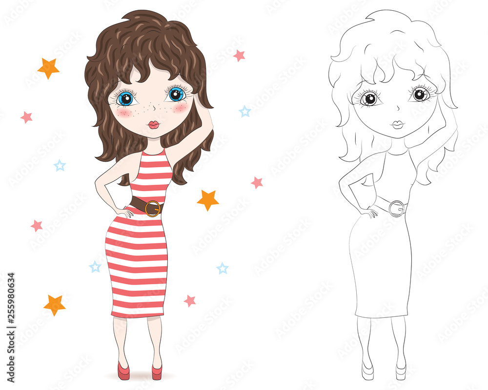 Set of hand drawn beautiful cute fashion girls on white background. Cartoon fashionable girls. Cartoon character. Coloring book pages for kids. Outline for coloring page cartoon vector Set of hand drawn beautiful cute fashion girls on white background. Cartoon fashionable girls. Cartoon character. Coloring book pages for kids. Outline for coloring page cartoon vector