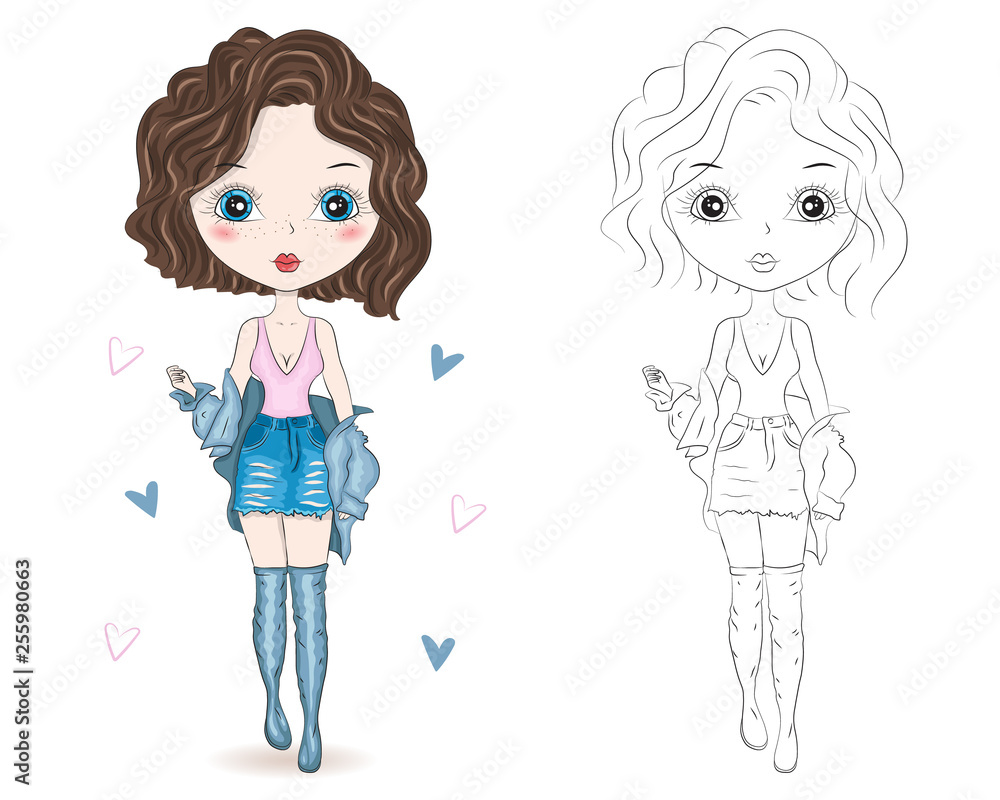 Set of hand drawn beautiful cute fashion girls on white background. Cartoon fashionable girls. Cartoon character. Coloring book pages for kids. Outline for coloring page cartoon vector Set of hand drawn beautiful cute fashion girls on white background. Cartoon fashionable girls. Cartoon character. Coloring book pages for kids. Outline for coloring page cartoon vector