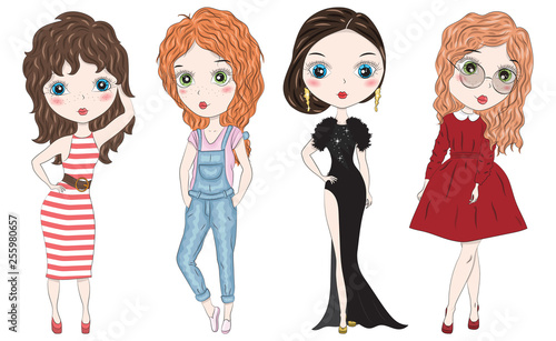 Set of hand drawn beautiful cute fashion girls on white background. Cartoon fashionable girls. Cartoon character. Vector illustration.