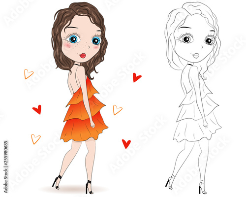 Set of hand drawn beautiful cute fashion girls on white background. Cartoon fashionable girls. Cartoon character. Coloring book pages for kids. Outline for coloring page cartoon vector