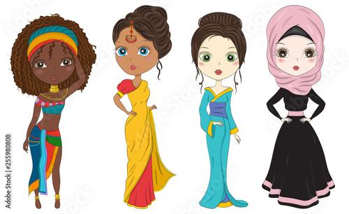 Set of hand drawn beautiful cute Japanese, Indian and a Muslim girls on white background. Set of girls of different ethnicities and cultures. Cartoon character. Vector illustration.