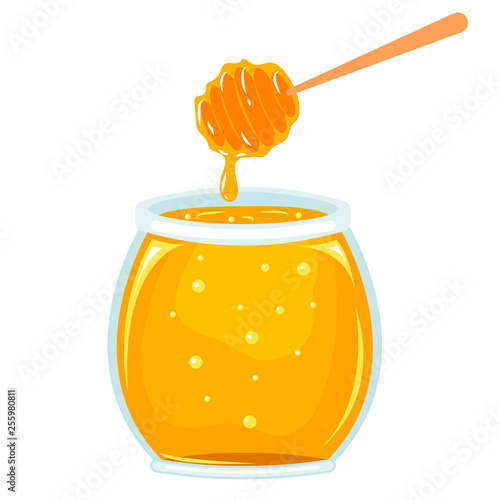 Vector cartoon style glass honey jar. Isolated on white background.