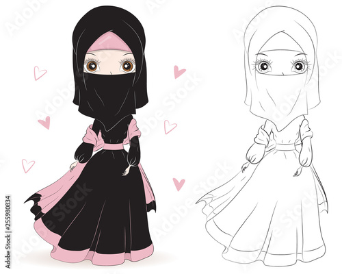 Set of hand drawn Arabic woman in hijab on white background. Cartoon character in traditional Muslim hijab. Coloring book pages for kids. Outline for coloring page. Islamic Women in Niqab Style.