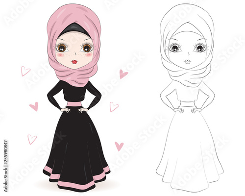 Set of hand drawn traditional Arabic woman in hijab on white background. Cartoon character in traditional Muslim hijab. Coloring book pages for kids. Outline for coloring page cartoon vector