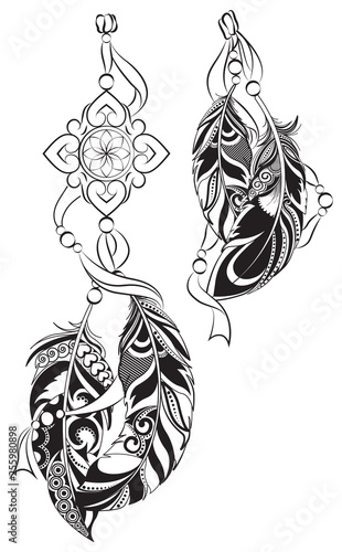Set of ethnic  hanging hand drawn feathers with boho pattern. Tribal doodle background. Ethnic set in native style. Feathers and beads on white background. Vector element for your creativity.