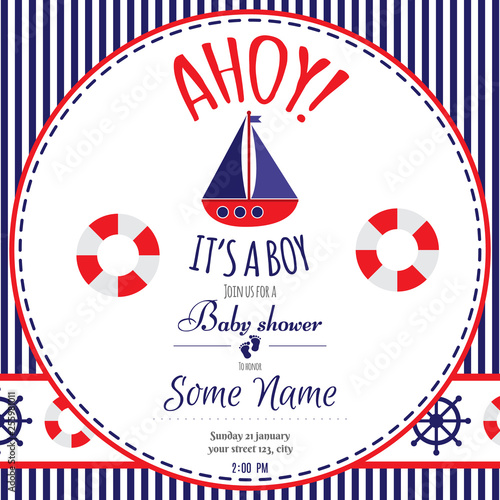 Baby shower invitation card. Baby frame with strips.Ahoy it's a boy.