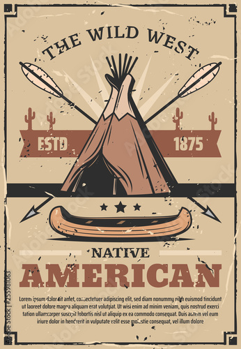 Wild West poster with canoe, arrows and wigwam