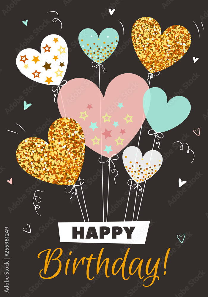 Happy birthday vector illustration. Golden balloons in form of heart. Card  with glitter balloons. Happy birthday to you card on dark background Stock  Vector | Adobe Stock