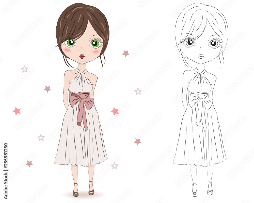 Set of hand drawn beautiful cute cartoon summer girls on white background. Cartoon fashionable girls. Cartoon character. Coloring book pages for kids. Outline for coloring page cartoon vector Set of hand drawn beautiful cute cartoon summer girls on white background. Cartoon fashionable girls. Cartoon character. Coloring book pages for kids. Outline for coloring page cartoon vector