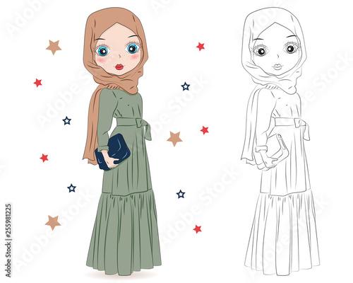 Set of hand drawn Arabic woman in hijab on white background. Cartoon character in traditional Muslim hijab. Coloring book pages for kids. Outline for coloring page. Islamic Women in Niqab Style.
