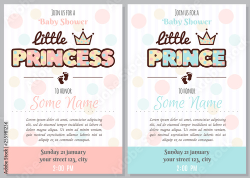 Set of baby shower invitation card babies boy and girl. Baby frame with boy/girl and stickers on light background. It's a boy. It's a girl.