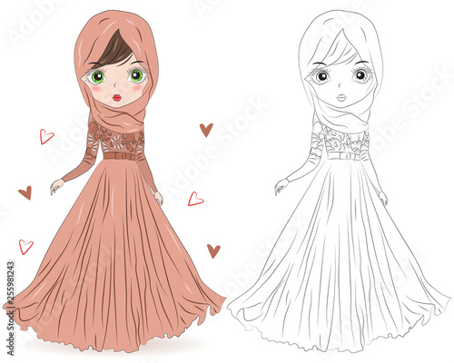 Set of hand drawn Arabic woman in hijab on white background. Cartoon character in traditional Muslim hijab. Coloring book pages for kids. Outline for coloring page. Islamic Women in Niqab Style.