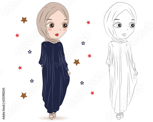 Set of hand drawn Arabic woman in hijab on white background. Cartoon character in traditional Muslim hijab. Coloring book pages for kids. Outline for coloring page. Islamic Women in Niqab Style.