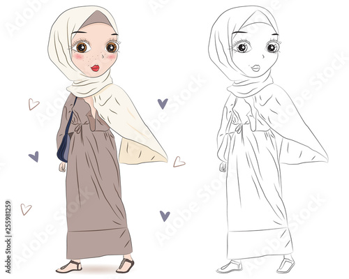 Set of hand drawn Arabic woman in hijab on white background. Cartoon character in traditional Muslim hijab. Coloring book pages for kids. Outline for coloring page. Islamic Women in Niqab Style.