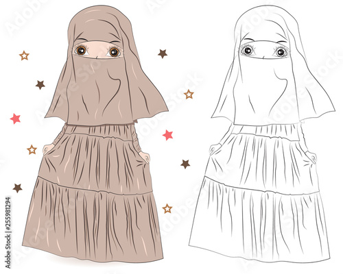 Set of hand drawn Arabic woman in hijab on white background. Cartoon character in traditional Muslim hijab. Coloring book pages for kids. Outline for coloring page. Islamic Women in Niqab Style.