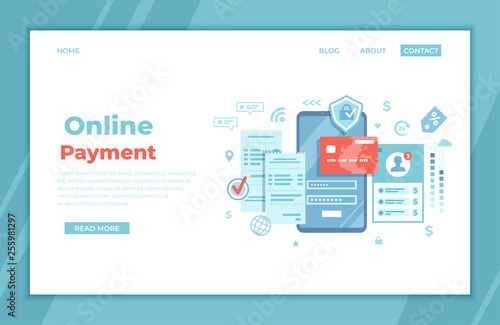 Online Payment Concept. Internet payments, data protection, money transfer, online banking, mobile wallet, pay history, mobile app. Phone with user interface login and password, credit card, bills.