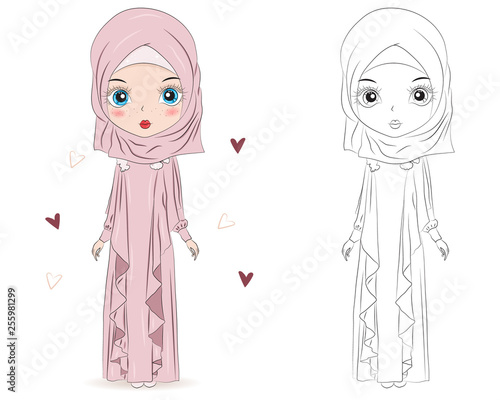 Set of hand drawn Arabic woman in hijab on white background. Cartoon character in traditional Muslim hijab. Coloring book pages for kids. Outline for coloring page. Islamic Women in Niqab Style.