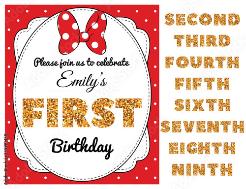 Girl's birthday invitation, birthday party with set of numbers. Baby frame on light background. It's a girl.