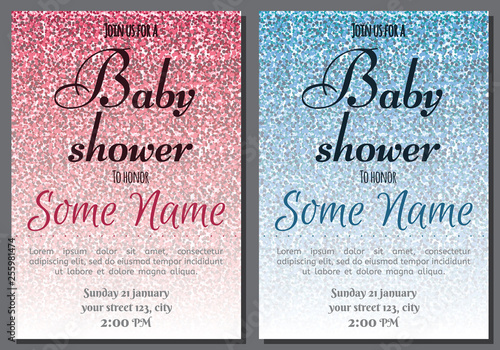 Set of baby shower invitation card. Baby frame with stroller and stickers on glitter background. It's a boy. It's a girl.